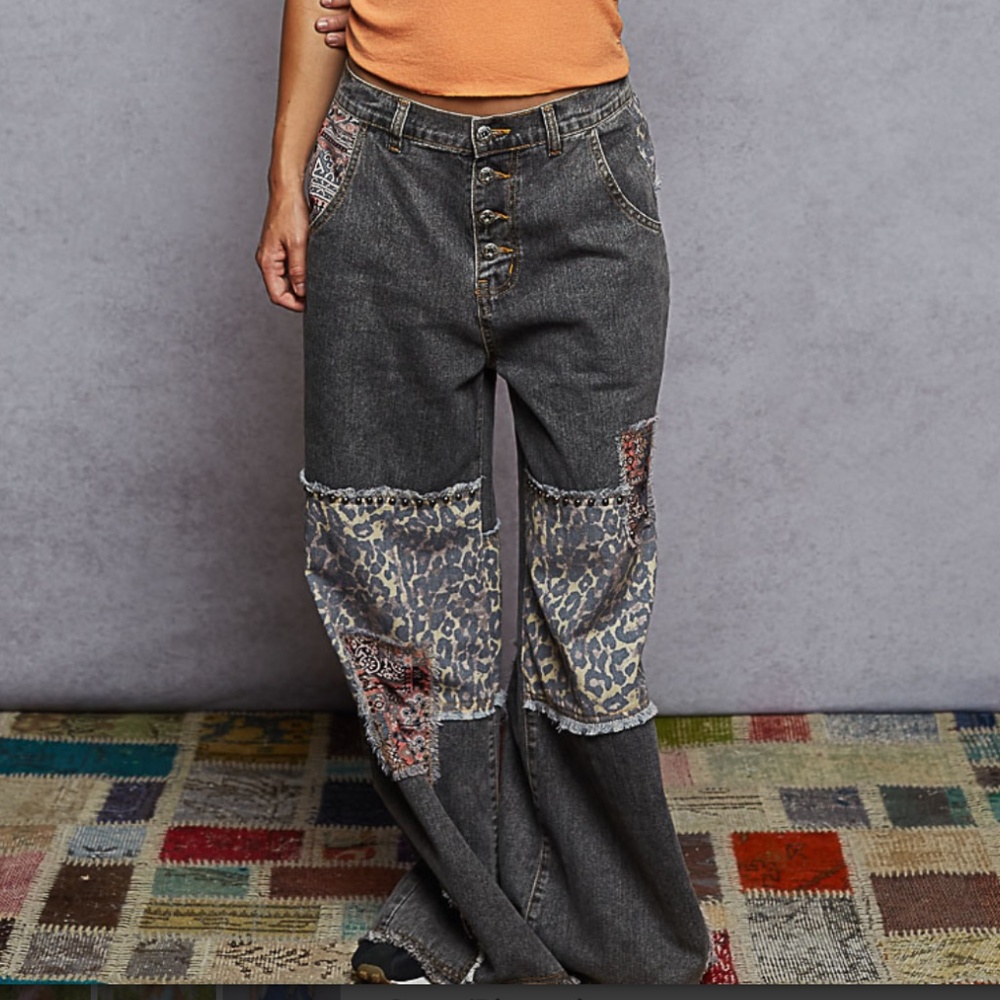 POL Gray Patchwork Straight Leg Pants - image 1